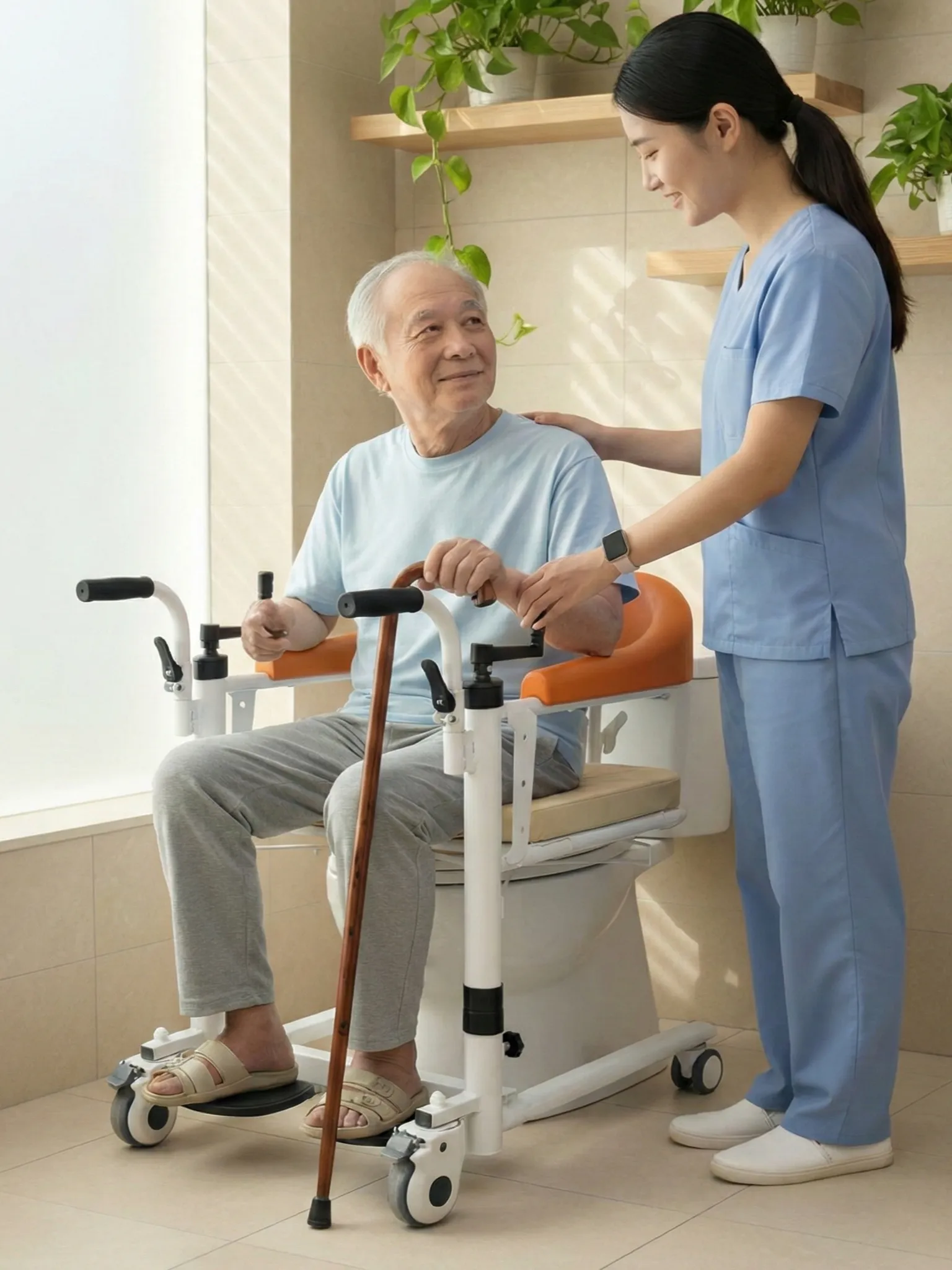 Penjaga membantu pesakit guna transfer chair di tandas